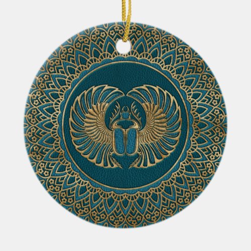 Egyptian Scarab Beetle Gold on Teal Leather Ceramic Ornament