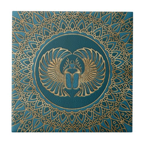 Egyptian Scarab Beetle Gold on Teal Leather Ceramic Tile