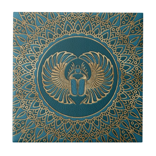 Egyptian Scarab Beetle Gold on Teal Leather Ceramic Tile (Front)