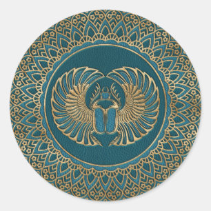 Egyptian Scarab Beetle Gold on Teal Leather Classic Round Sticker