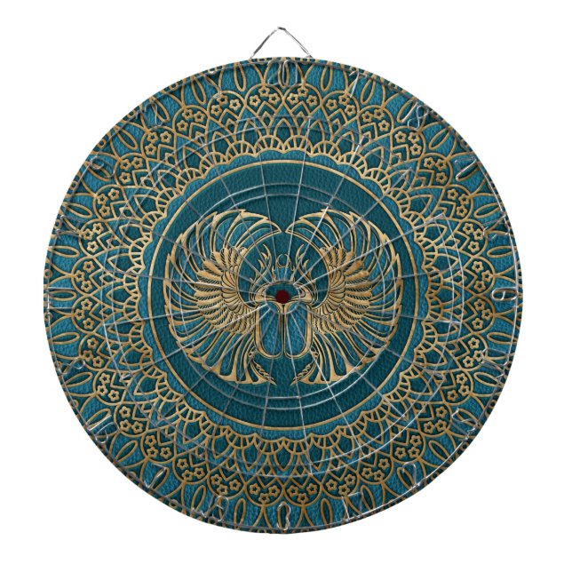 Egyptian Scarab Beetle Gold on Teal Leather Dart Board (Front)