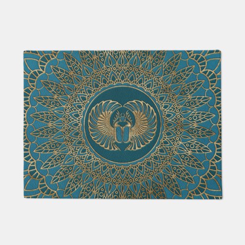 Egyptian Scarab Beetle Gold on Teal Leather Doormat
