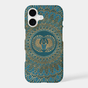 Egyptian Scarab Beetle Gold on Teal Leather iPhone 17 Case