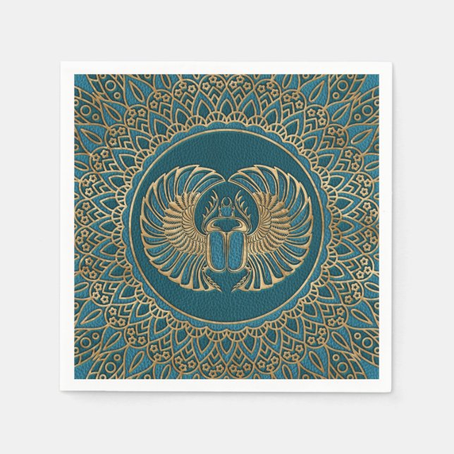 Egyptian Scarab Beetle Gold on Teal Leather Napkins (Front)