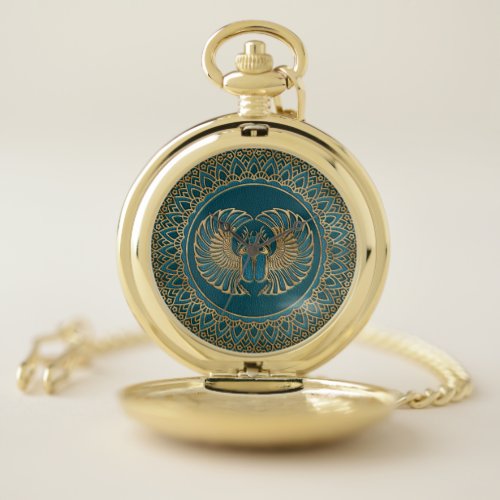 Egyptian Scarab Beetle Gold on Teal Leather Pocket Watch
