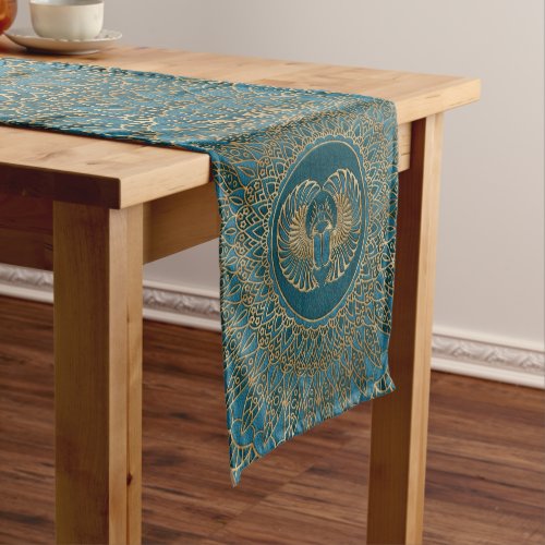 Egyptian Scarab Beetle Gold on Teal Leather Short Table Runner