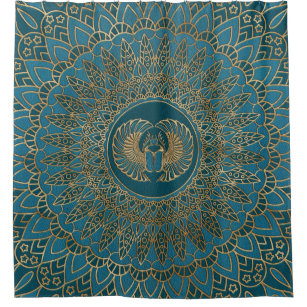 Egyptian Scarab Beetle Gold on Teal Leather Shower Curtain