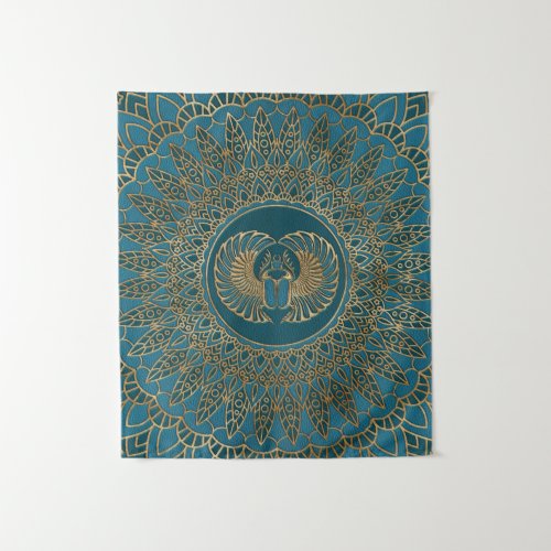 Egyptian Scarab Beetle Gold on Teal Leather Tapestry