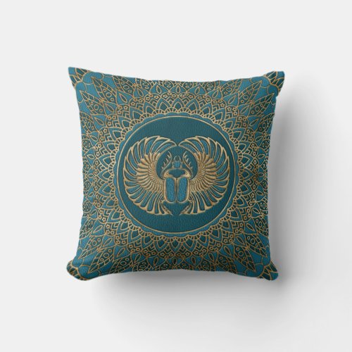 Egyptian Scarab Beetle Gold on Teal Leather Throw Pillow