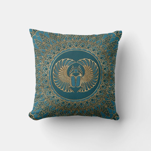 Egyptian Scarab Beetle Gold on Teal Leather Throw Pillow (Front)