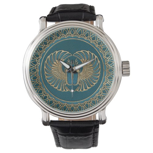 Egyptian Scarab Beetle Gold on Teal Leather Watch