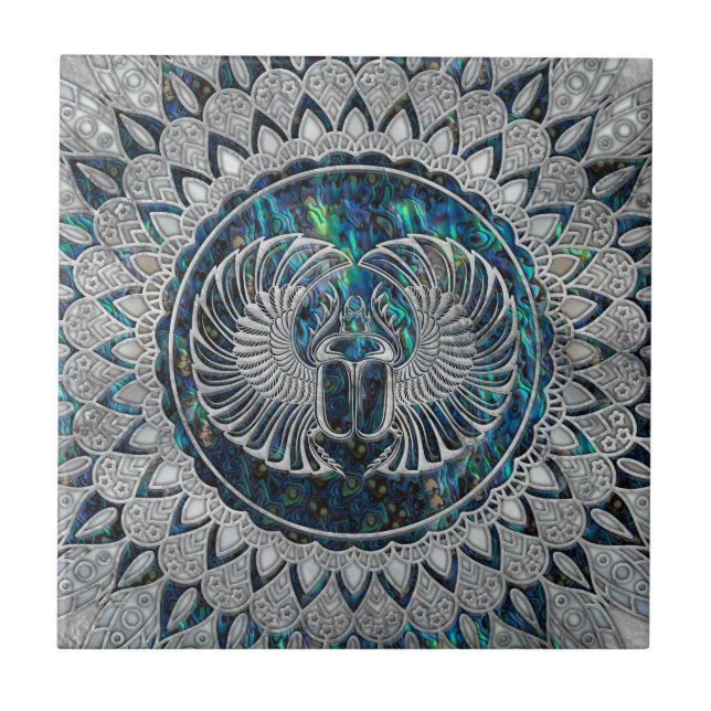 Egyptian Scarab Beetle Silver and Abalone Ceramic Tile (Front)