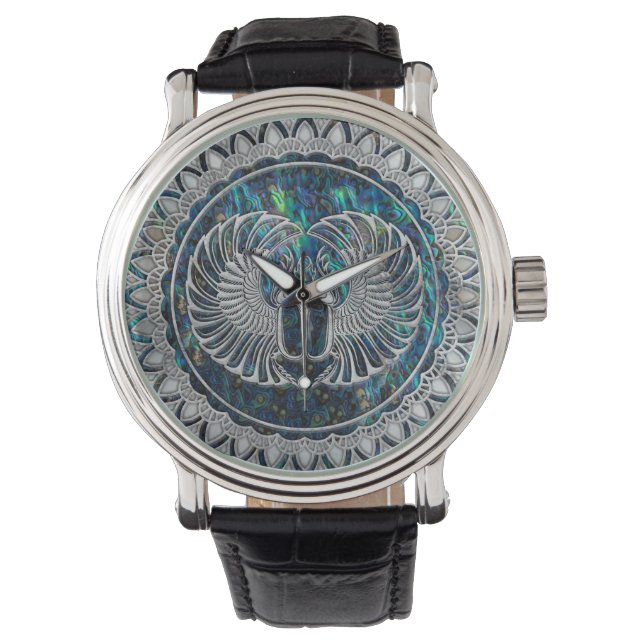 Egyptian Scarab Beetle Silver and Abalone Watch (Front)
