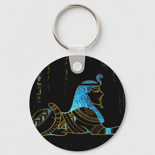 Egyptian  Sphinx on hieroglyphics Blue crystal and Keychain (Front)