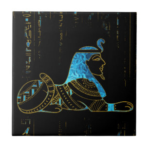 Egyptian Sphinx on hieroglyphics Blue crystal and Tile
