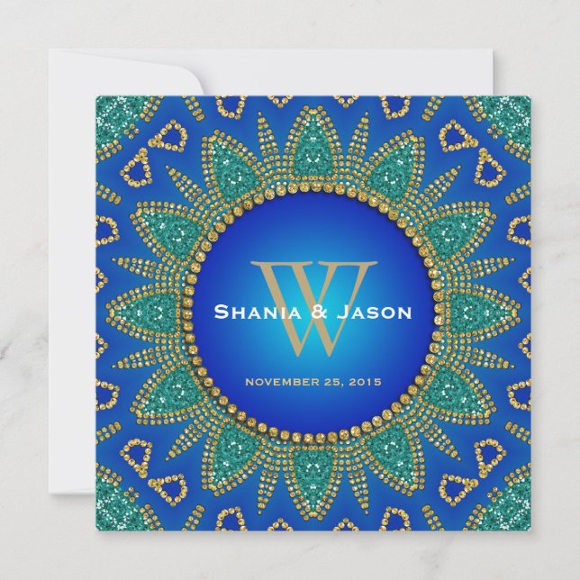 Egyptian Sun Sparkle Teal Gold Monogram Invitation (Front)