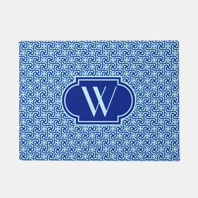 Egyptian tile cobalt and sky blue with monogram doormat (Front)