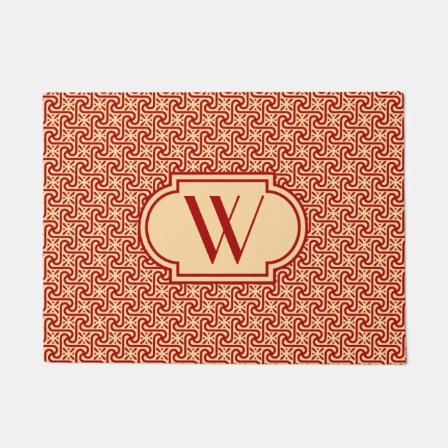 Egyptian tile maroon and peach with monogram doormat (Front)