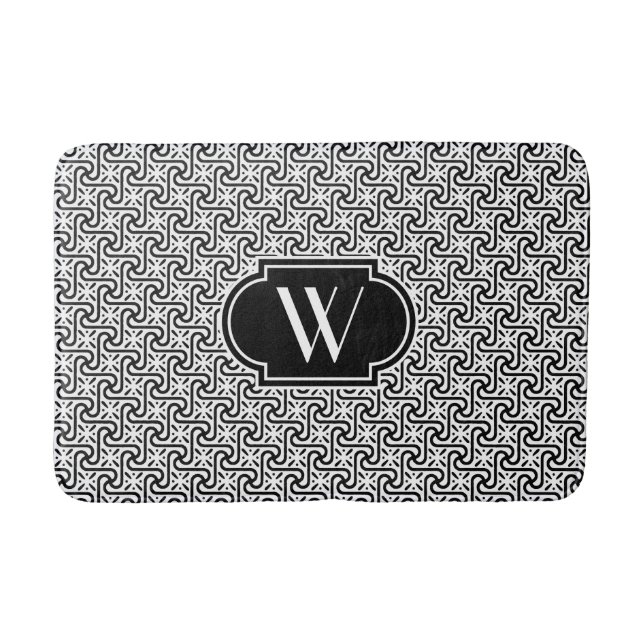 Egyptian tile pattern, black and white bathroom mat (Front)
