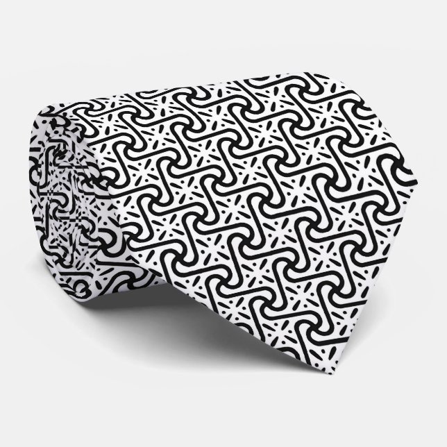 Egyptian tile pattern, black and white neck tie (Rolled)
