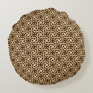 Egyptian tile pattern, chocolate brown and tan round pillow