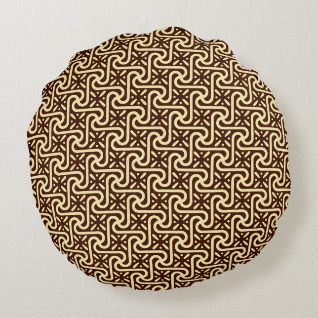 Egyptian tile pattern, chocolate brown and tan round pillow (Back)
