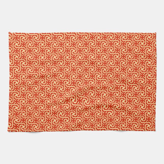 Egyptian tile pattern, coral orange kitchen towel (Horizontal)