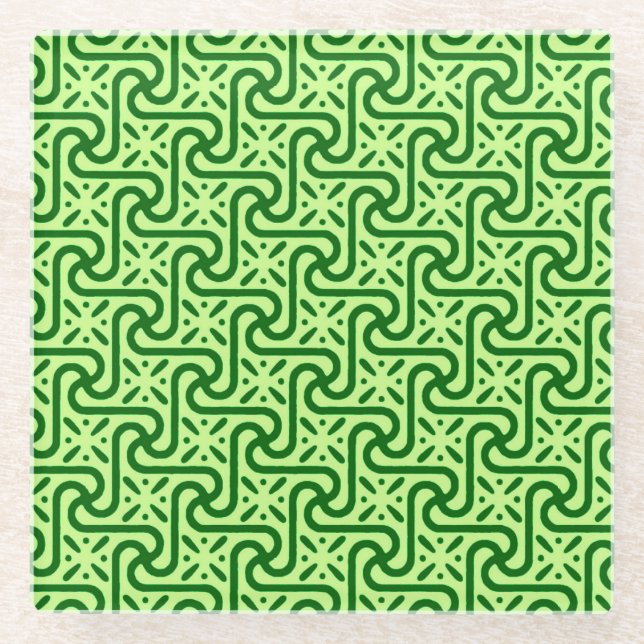Egyptian tile pattern, emerald and lime green glass coaster (Front)