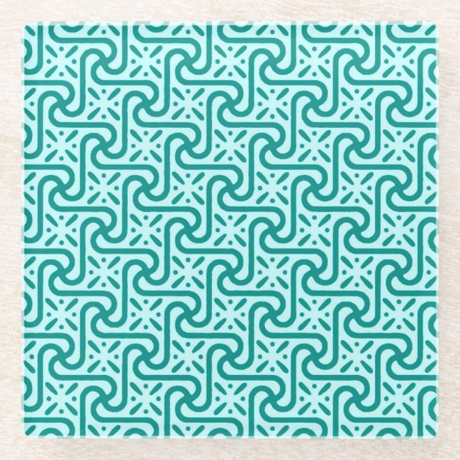Egyptian tile pattern, turquoise and aqua glass coaster (Front)