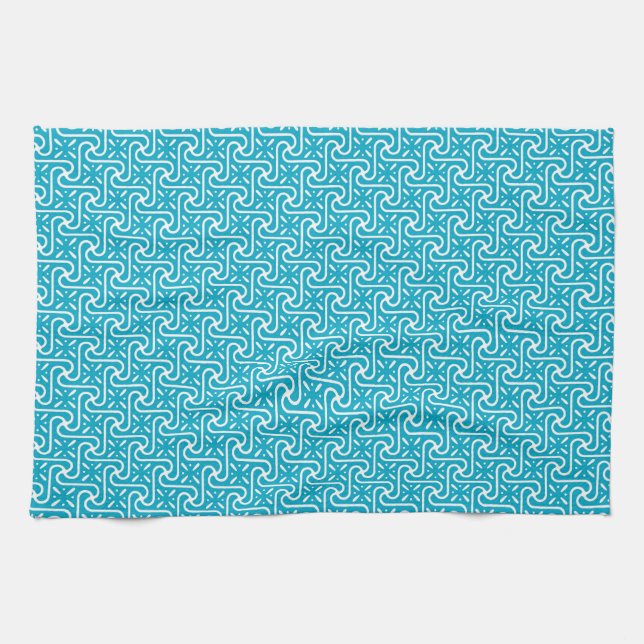 Egyptian tile pattern, turquoise and white kitchen towel (Horizontal)
