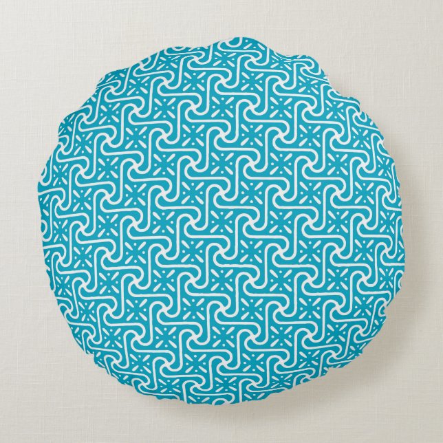 Egyptian tile pattern, turquoise and white round pillow (Back)