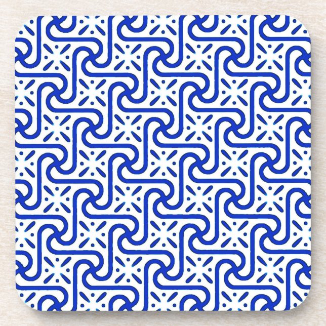 Egyptian tile pattern, white and cobalt blue drink coaster (Front)