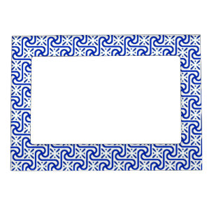 Egyptian tile pattern, white and cobalt blue magnetic photo frame