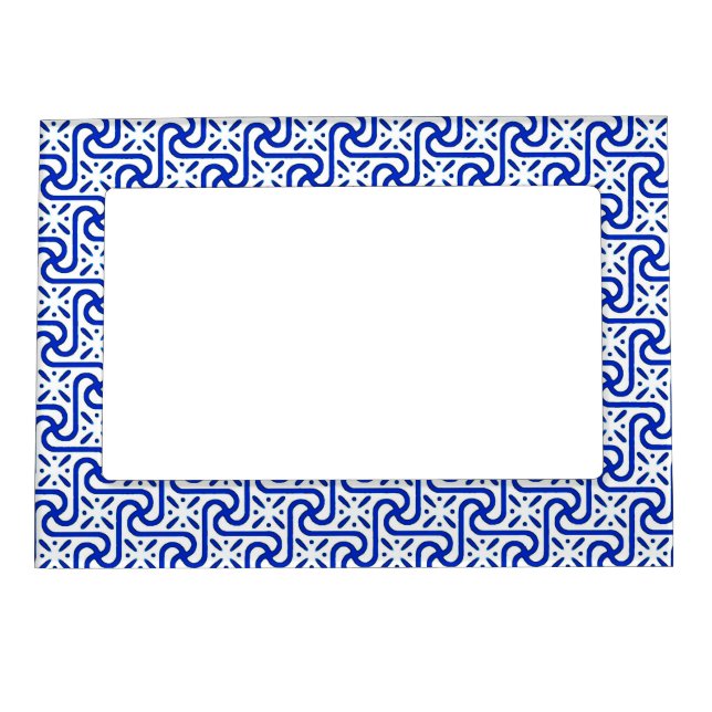 Egyptian tile pattern, white and cobalt blue magnetic photo frame (Front)