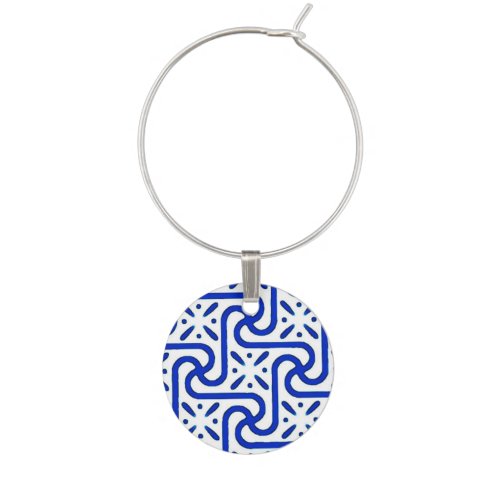 Egyptian tile pattern white and cobalt blue wine glass charm