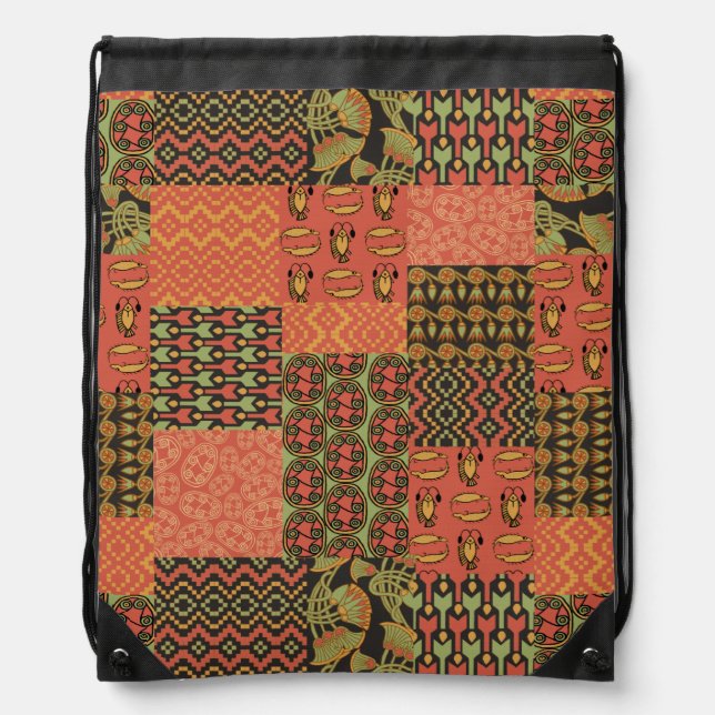 Egyptian Tribal Faux Patchwork Drawstring Backpack (Front)