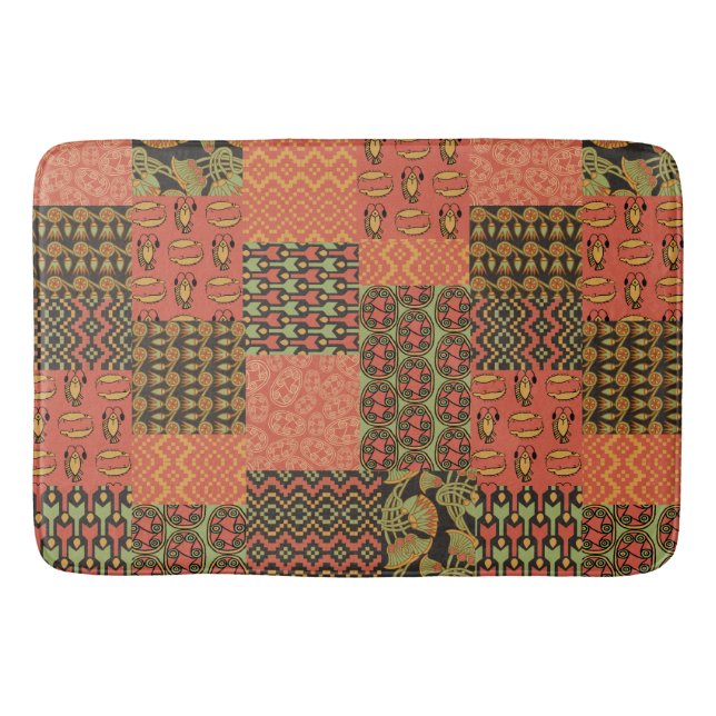 Egyptian Tribal Faux Patchwork Red Green Black Bathroom Mat (Front)