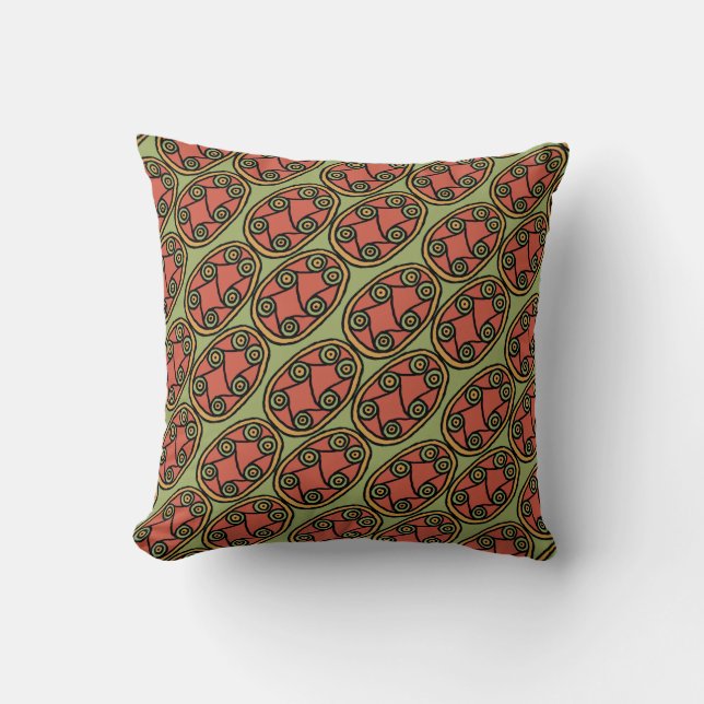 Egyptian Tribal Shields Pattern, Red on Green Throw Pillow (Front)