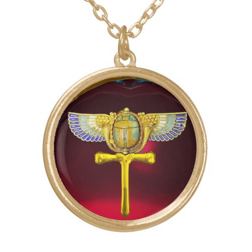 EGYPTIAN WINGED SCARAB ANKH CORNUCOPIA GOLD JEWEL GOLD PLATED NECKLACE