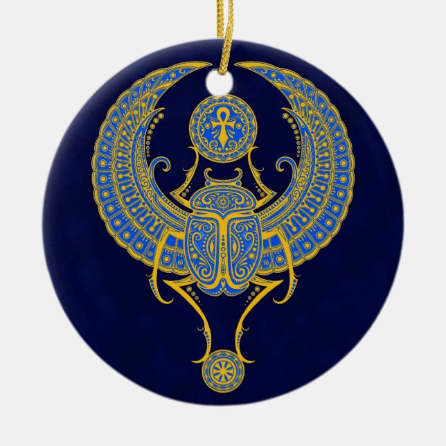 Egyptian Winged Scarab, Blue Ceramic Ornament (Front)