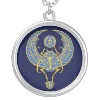 Egyptian Winged Scarab, Blue Silver Plated Necklace