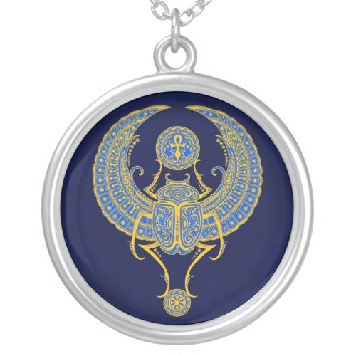 Egyptian Winged Scarab Blue Silver Plated Necklace