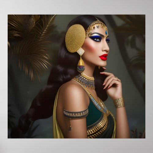 Egyptian woman Exotic gold green dress blue jewels Poster