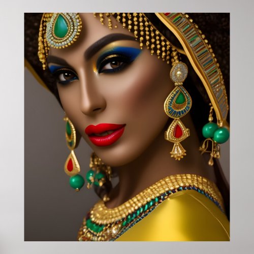 Egyptian woman Exotic headpiece gold green blue Poster