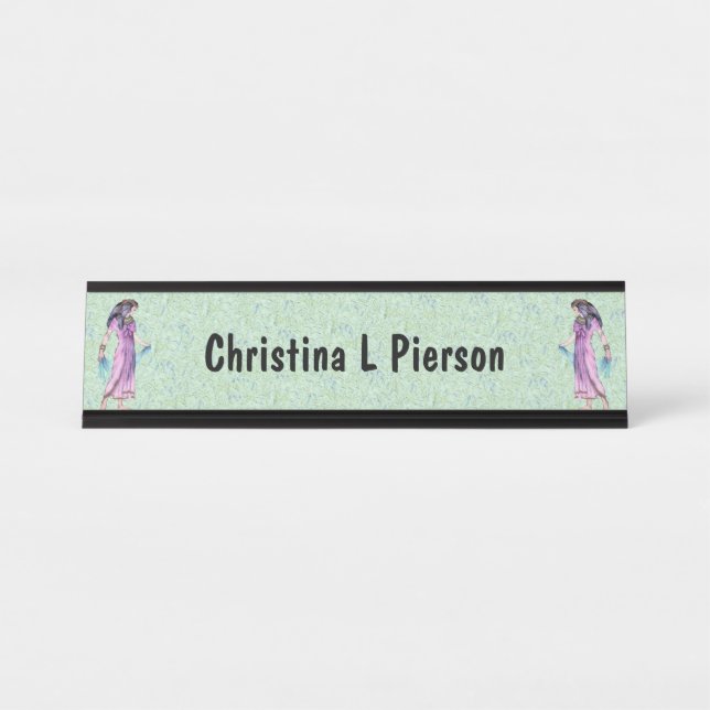 Egyptian Woman Gold Jewelry Pink Dress Green Desk Name Plate (Front)