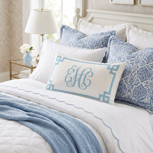 EHC Sky Blue Greek Key Script Monogram Lumbar Pillow