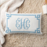 EHC Sky Blue Greek Key Script Monogram Lumbar Pillow<br><div class="desc">PLEASE MESSAGE DESIGNER BEFORE ORDERING. SEND YOUR MONOGRAM INITIALS IN THIS ORDER: FIRST, LAST, MIDDLE. I will customize your monogram and email you the link to order. Please do not purchase until after I have sent you the link with your customized monogram. Add a polished preppy touch to any space...</div>