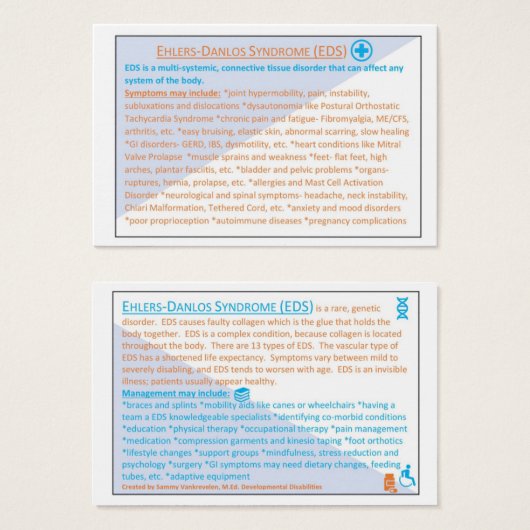 Ehlers Danlos Syndrome EDS information card (Front & Back)