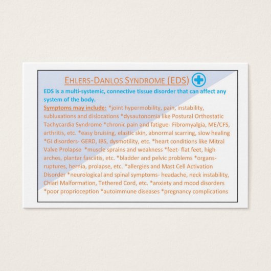 Ehlers Danlos Syndrome EDS information card (Front)