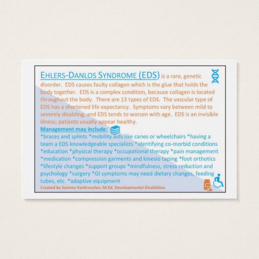 Ehlers Danlos Syndrome EDS information card (Back)